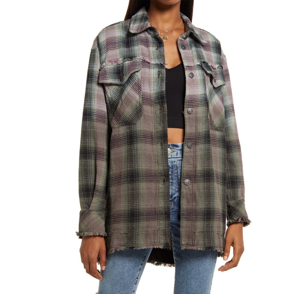 Free People Anneli Plaid Shirt Jacket Spanish Olive Combo XS